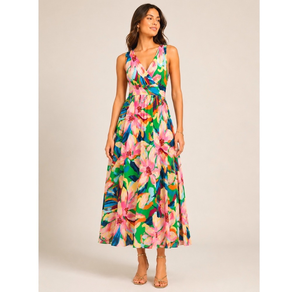 Pappagallo Womens Floral Maxi Dress L Tropical Summer Wedding Guest Green
